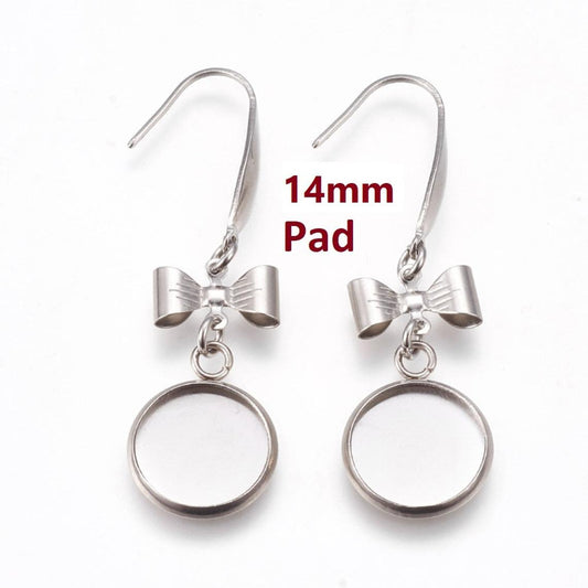 E743 - 10 pcs. 316 Stainless Steel Silver Tone Earring Dangle Hooks Settings Bezels Cabochons - 14mm Glue Pad Setting - Bow Design
