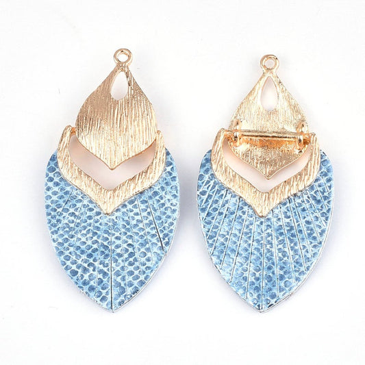 MP0006 - 10 pcs. Metal and Faux Leather Dangle Charms Pendants - Sky Blue - Gold Hardware - 61mm (2.4")