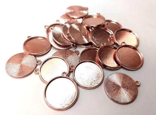 P481 - 10 pcs. Rose Gold Tone Circle Round Bezel Cabochon Pendant Tags Trays - 20mm Glue Pad - Single Loop - Hole Size: 1.9mm