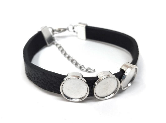 B066 - 2 pcs. Black Faux Leather Bracelets with 12mm Glue Pad Bezel Trays and Extender Chains - Adjustable from 7" to 9" - 3 Settings