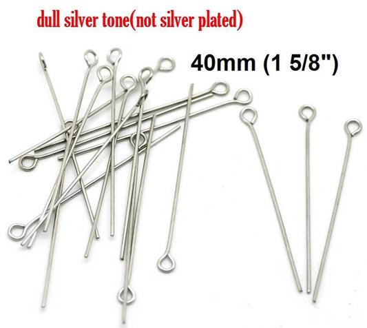 A048 - 200 pcs. 304 Stainless Steel Eye Head Pins - 40mm (1 5/8") - 21 Gauge (0.7mm Thick) - Hole Size: 1.8mm - Hypoallergenic! Tarnish Resistant!