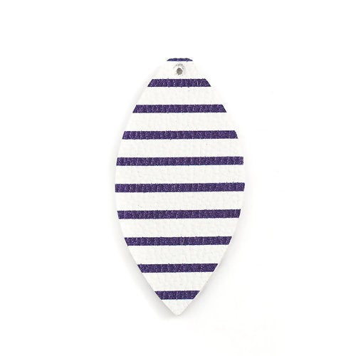 P1131 - 10 pcs. White with Blue Stripes Faux Leather Dangle Charms Pendants - Marquise - 68mm (2.7") - Great for Earrings &amp; Dangles! Double Sided