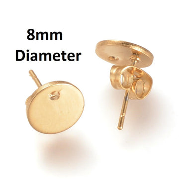 E704 - 10 pcs. (5 pairs) 304 Stainless Steel Golden Earring Posts/Bases/Studs/Settings - 12mm Length - 8mm Diameter - Hole Size: 1mm