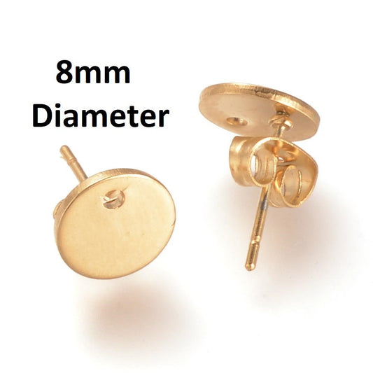 E704 - 10 pcs. (5 pairs) 304 Stainless Steel Golden Earring Posts/Bases/Studs/Settings - 12mm Length - 8mm Diameter - Hole Size: 1mm