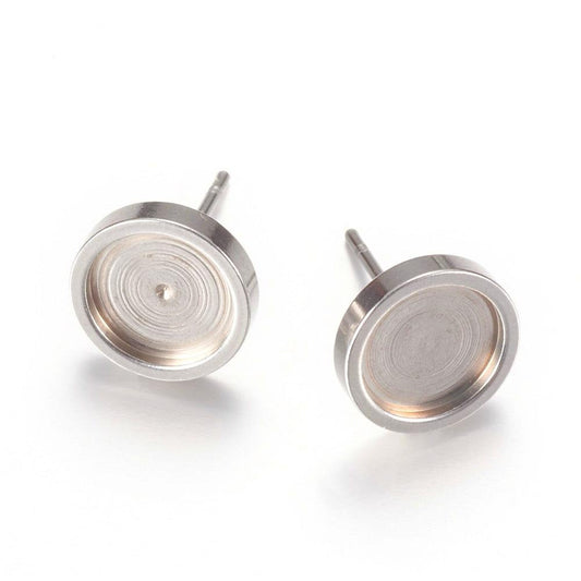 E016 - 10 pcs. 304 Stainless Steel Earring Posts Studs Settings Bezels Cabochons Tacks - 10mm Glue Pad Setting - Silver Tone - Flat Thick Bezel