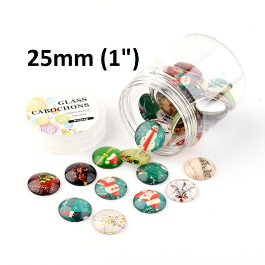 CA881 - 50 pcs Assortment of Circle Christmas Glass Round Dome Seals Tiles Cabochons - 25mm (1 inch) - Box Included