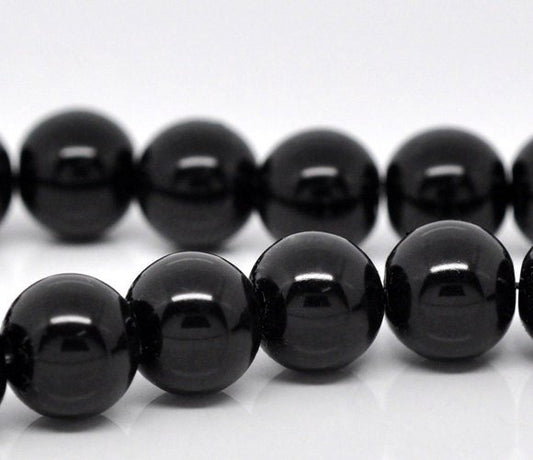 BD157 - 10mm Black Glass Pearl Imitation Round Beads - 16 inch strand