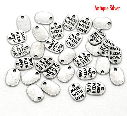 P2033 - 100 pcs. Antique Silver Oval Rectangle Charms Pendants - Made with Love - 11x8mm