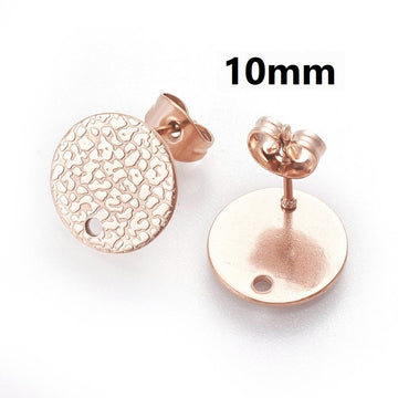E757 - 10 pcs. (5 pairs) 304 Stainless Steel Rose Gold Earring Posts/Bases/Studs/Settings - 10mm Diameter - Hole Size: 1.8mm - TEXTURED
