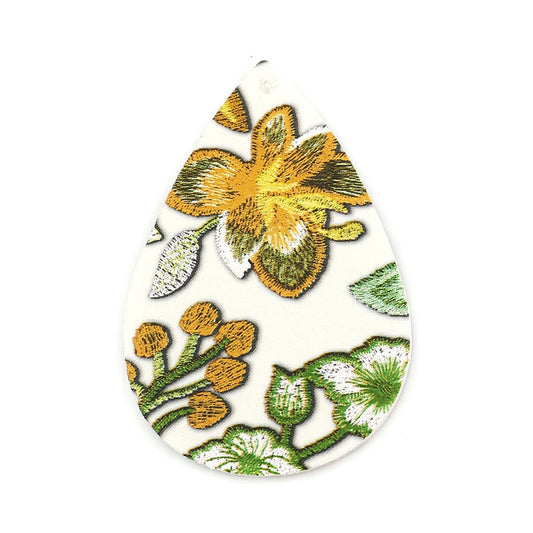 P230A - 4 pcs. White, Green, Yellow Floral Embroidered Faux Leather Dangle Charms Pendants - Teardrop - 56mm (2.2") - Double Sided