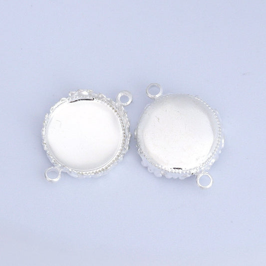 CA837 - 6 pcs. 18k Platinum Filled Shiny Silver Circle Round Bezel Cabochon Cameo Connector Tags Trays - 12mm Glue Pad - Crown Design