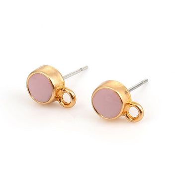 E731 - 10 pcs. Gold Plated with Pink Enamel Earring Posts Studs with Loop Cabochons Tacks- 10mm x 7mm Base - 16.6mm Length - Hole Size: 2.2mm