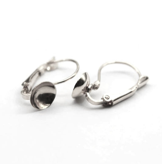 E589 - 10 pcs. (5 pairs) Silver Tone Earring Lever Back Clips - Cone Posts - For 8mm Round Back Cabochons