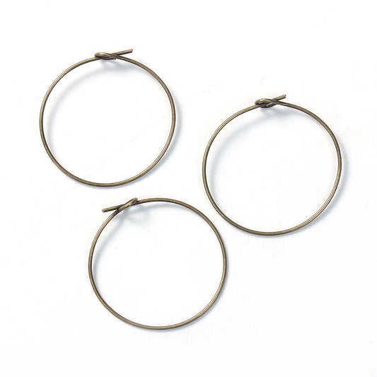 W026 - 50 pcs. Antique Bronze Unbent Wine Charm/Earwire Hoop Rings - 25mm (1 inch)