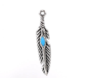 P198 - 10 pcs. Antique Silver Feather Blue Enamel Charms Pendants - 28x5mm