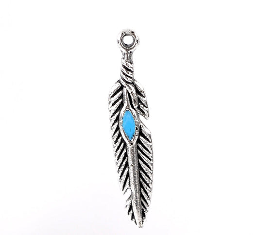 P198 - 10 pcs. Antique Silver Feather Blue Enamel Charms Pendants - 28x5mm