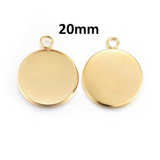 P1157 - 5 pcs. 304 Stainless Steel 24k Gold Plated Circle Round Bezel Pendant Tags Trays - 20mm Glue Pad Setting - Tarnish Resistant!