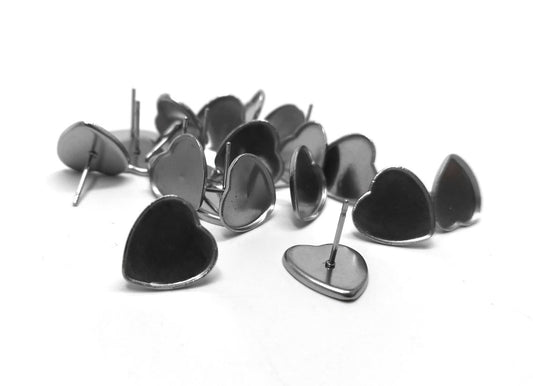E738 - 10 pcs. 304 Stainless Steel Silver Tone Heart Earring Posts Studs Settings Bezels Cabochons Tacks - 12mm Glue Pad Setting - Rubber Backs