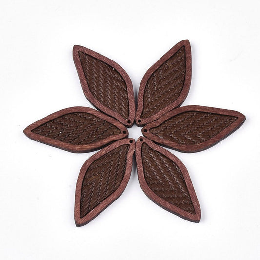 P2101 - 4 pcs. Dark Brown REAL Leather Cowhide over Wood Dangle Pendants - Rattan - Leaf - 50mm (2") - Great for Earrings or Dangles!