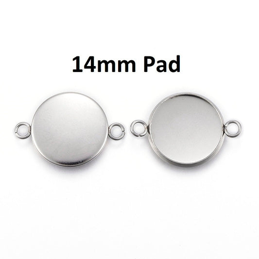 P1028 - 10 pcs. 304 Stainless Steel Silver Tone Circle Round Bezel Cabochon Cameo Connector Tags Trays - 14mm Glue Pad - Tarnish Resistant!
