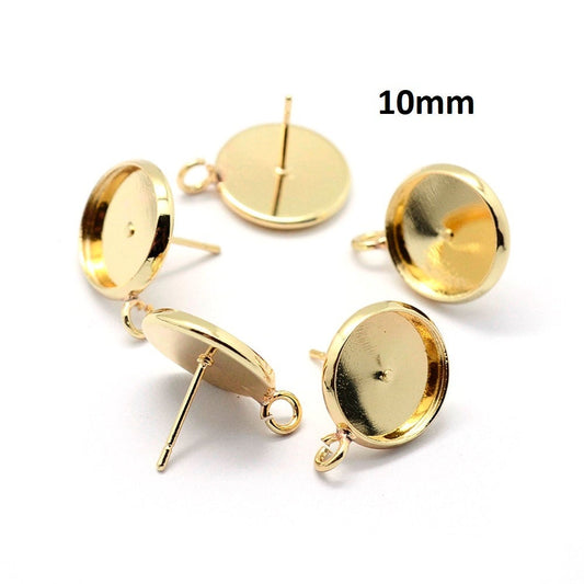 E393 - 10 pcs. Golden Earring Posts Studs Settings Bezels Cabochons Tacks with Loop - 10mm Glue Pad Setting - Perpendicular Loop