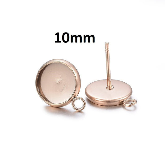 E380 - 10 pcs. 304 Stainless Steel Rose Gold Earring Posts Studs Settings Bezels Cabochons Tacks with Loop - 10mm Glue Pad Setting - Parallel Loop