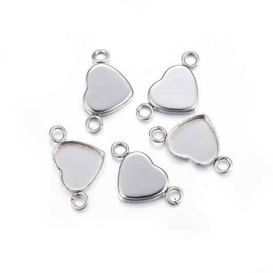 P469 - 10 pcs. Stainless Steel Heart Bezel Cabochon Cameo Connector Tags Trays - 11mm x 10mm Glue Pad - Silver Tone - Tarnish Resistant!
