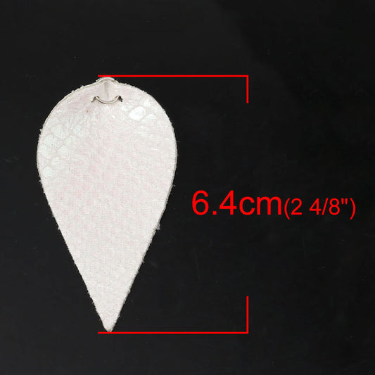 P849 - 10 pcs. Scales Faux Leather Dangle Charms Pendants - Pinch Leaf - White - Silver Tone Jump Ring - 63mm (2.5") - Double Sided