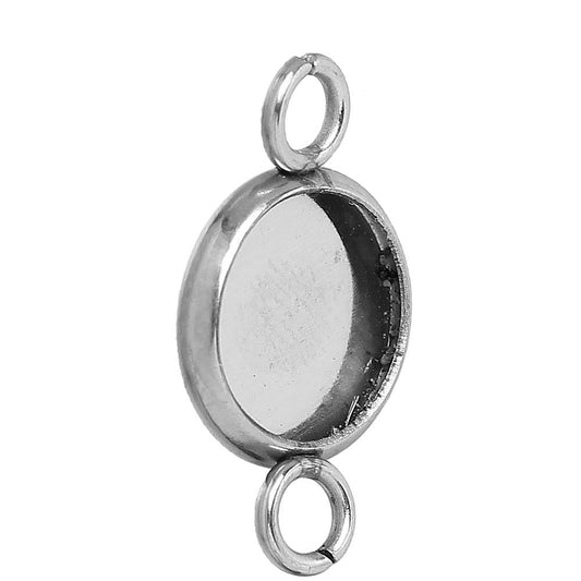 P932 - 20 pcs. Stainless Steel Circle Round Bezel Cabochon Cameo Connector Tags Trays - 10mm Glue Pad - Tarnish Resistant! Silver