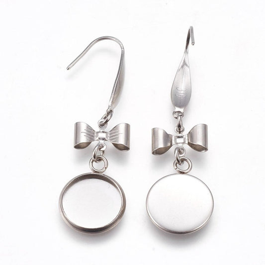 E743 - 10 pcs. 316 Stainless Steel Silver Tone Earring Dangle Hooks Settings Bezels Cabochons - 14mm Glue Pad Setting - Bow Design