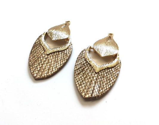 MP0007 - 10 pcs. Metal and Faux Leather Dangle Charms Pendants - Bronze - Gold Hardware - 61mm (2.4")