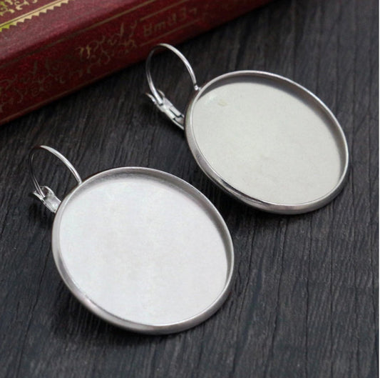 E763 - 10 pcs. 304 Stainless Steel Silver Tone Earring Clips Settings Lever Back Bezels Cabochons - 25mm Glue Pad Setting (1 inch) - Tarnish Resistant!