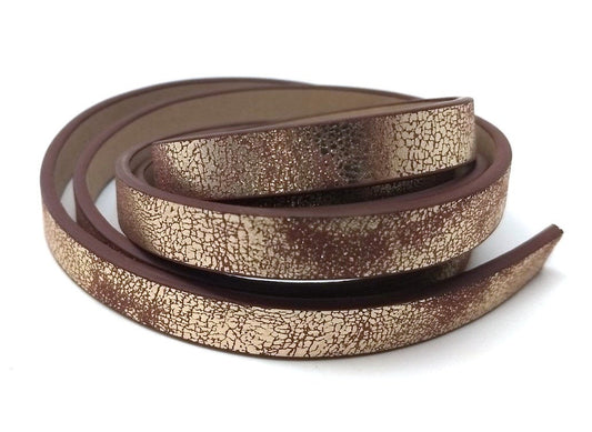 N177 - 1M (3.28 FT) - Brown and Gold FLAT Faux Leather Jewelry Cord - 10mm Wide - DISTRESSED
