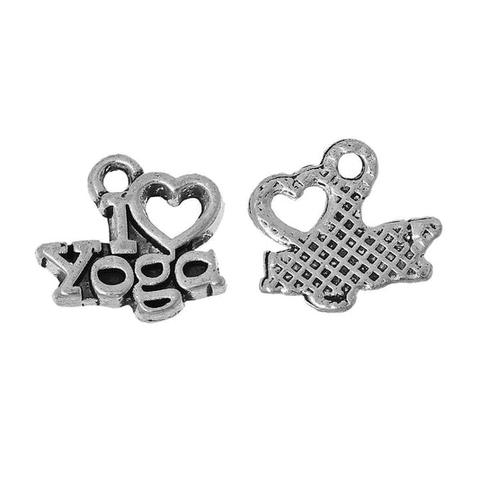 P260A - 50pcs. Antique Silver "I love (heart) yoga" Carved Charms Pendants - 14mm x 13mm (0.55" x 0.51"