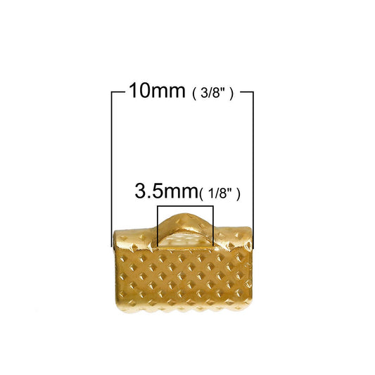 CR045 - 100 pcs. Gold Plated Textured Ribbon Crimp End Caps - 10mm x 8mm - Great for 3/8" (10mm) Ribbons and Cords!