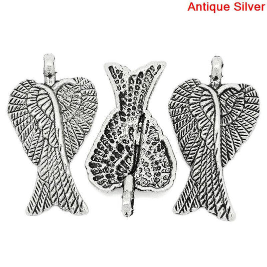 P569 - 30 pcs. LARGE - Antique Silver Tone Angel Wings Carved Wing Charms Pendants - 29mm X 19mm (1 1/8" x 5/8")