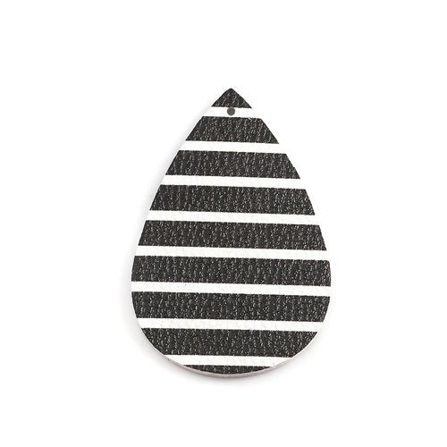 P1187 - 10 pcs. Black and White Stripe Faux Leather Dangle Charms Pendants - Teardrop - 56mm (2.2") - Great for Earrings! Double Sided - Style B