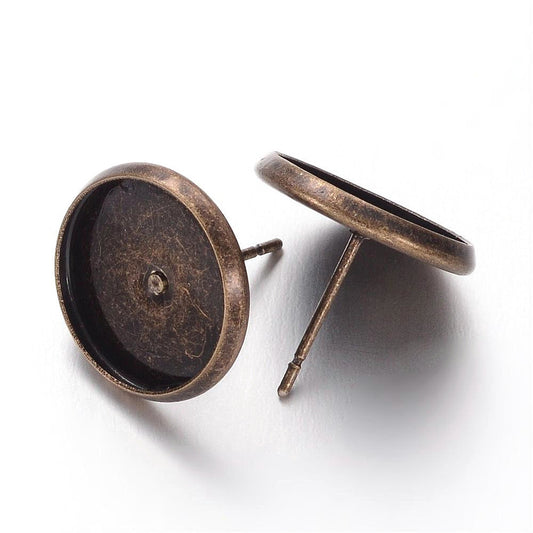 E466 - 50 pcs. Dark Antique Bronze Earring Posts Studs Settings Bezels Cabochons Tacks- 12mm Glue Pad Setting - Made of Brass