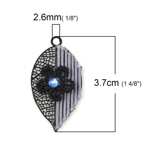 P604 - 4 pcs Black Gray Metal Dangle Charms Pendants - Floral Leaf - 37mm x 19mm - Great for Light Earrings, Necklaces or Dangles!