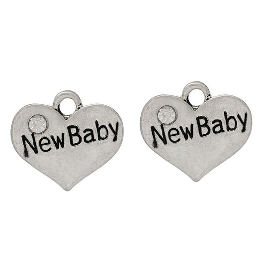 P049 - 10 pcs. Antique Silver "New Baby" charm with rhinestone - 17mm X 15mm