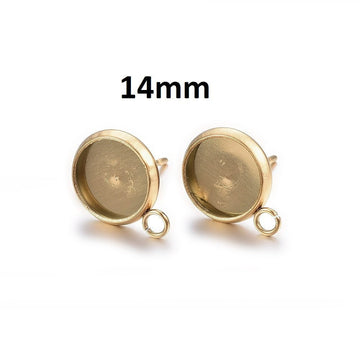 E711 - 10 pcs. 304 Stainless Steel Golden Earring Posts Studs Settings Bezels Cabochons Tacks with Parallel Loop - 14mm Glue Pad Setting