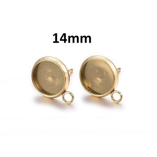 E711 - 10 pcs. 304 Stainless Steel Golden Earring Posts Studs Settings Bezels Cabochons Tacks with Parallel Loop - 14mm Glue Pad Setting