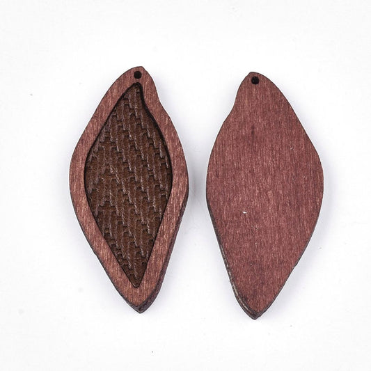 P2101 - 4 pcs. Dark Brown REAL Leather Cowhide over Wood Dangle Pendants - Rattan - Leaf - 50mm (2") - Great for Earrings or Dangles!