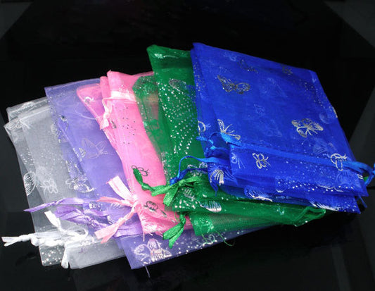 S018 - 100 Colorful Organza Bags - 12cm x 9cm (4.72 in x 3.54 in) - Assortment - 5 Colors! Butterfly Pattern!