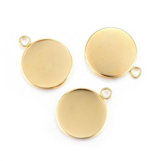 P1157 - 5 pcs. 304 Stainless Steel 24k Gold Plated Circle Round Bezel Pendant Tags Trays - 20mm Glue Pad Setting - Tarnish Resistant!