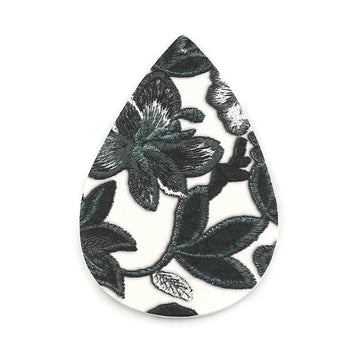 P239 - 10 pcs. White Gray Green Floral Faux Leather Embroidered Dangle Charms Pendants - Teardrop - 56mm (2.2") - Double Sided - Great for Earrings
