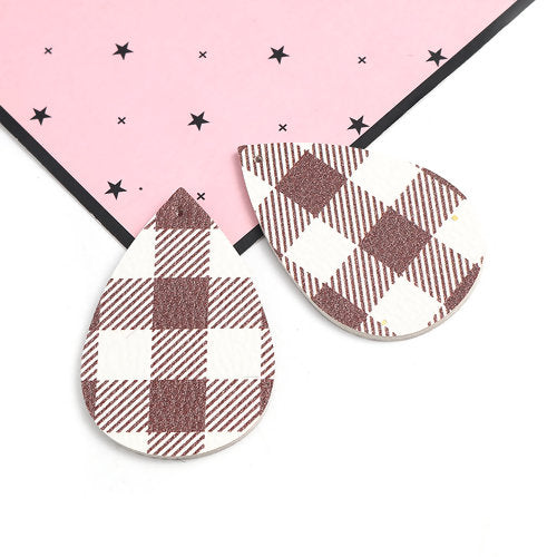 P1040 - 10 pcs Brown and White Faux Leather Dangle Pendants - Teardrop - Gingham Pattern - 56mm (2.2") - Great for Earrings or Dangles! Double-Sided