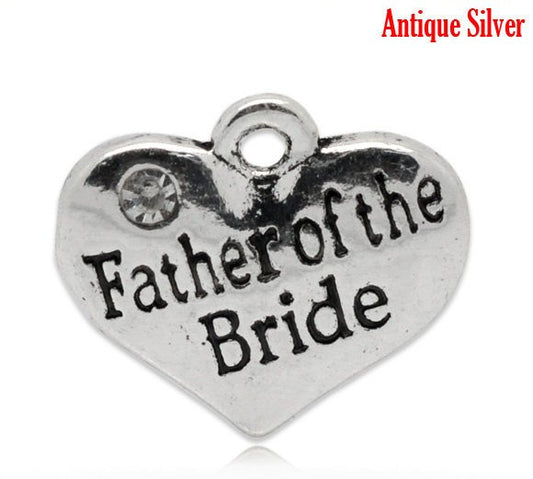 P071 - 10 pcs. Antique Silver "Father of the Bride" charm with rhinestone - 16mm X 14mm