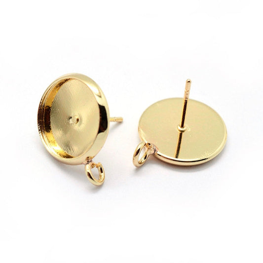E393 - 10 pcs. Golden Earring Posts Studs Settings Bezels Cabochons Tacks with Loop - 10mm Glue Pad Setting - Perpendicular Loop