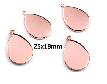 P1117 - 10 pcs. Rose Gold Plated Teardrop Bezel Cabochon Pendant Tags Trays - 25mm x 18mm Glue Pad - Setting - 25x18mm - 18x25mm - Spike Frame